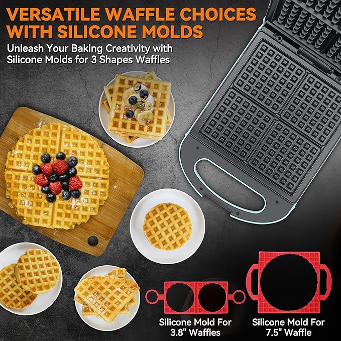 Baker's Friend Multi Shapes Waffle Iron, Combo of Mini & Classic Waffle Makers, Belgian & Chaffle Maker, 2 Silicone Molds, Aqua