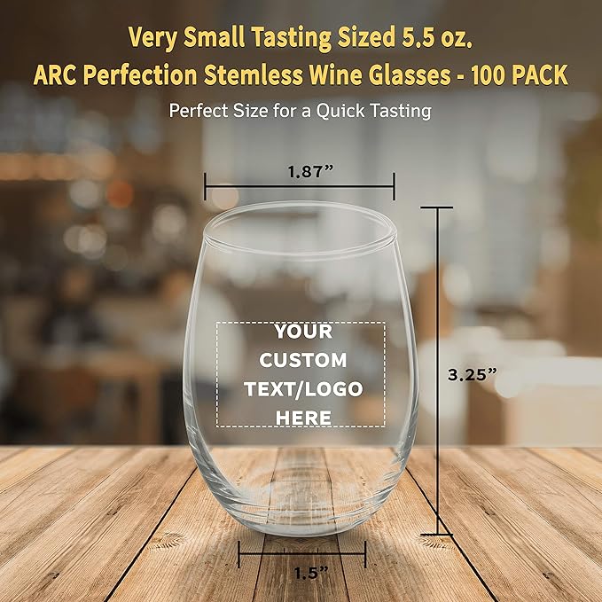 Custom Stemless Wine Glasses by ARC 5.5 oz. Set of 100, Personalized Bulk Pack - Perfect for Hotel, Bar, Restaurant or Lounge - Clear