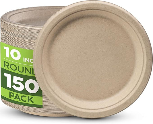100% Compostable Paper Plates 150 Pack, 10 Inch Heavy Duty Biodegradable Microwavable Disposable Brown Dinner Plates, Made of Eco-Friendly, Natural Unbleached Sugarcane Bagasse