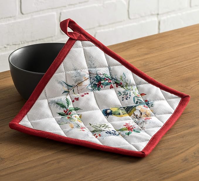 Maison d' Hermine 100% Cotton Oven Mitt & Pot Holder Set (7.5"x13" & 8"x8") Heat Resistant BBQ Cooking Gloves with Loop, Baking, Grilling, Kitchen, Handling Hot Pans (Morzine)