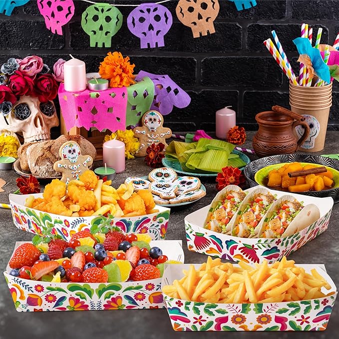 Mexican Taco Nights Food Trays - 60P Hispanic Heritage Month Flowers Unassembled Trays Nacho Snack Candy Holder Disposable Paper Plates Birthday Carnival Party Harvest Picnic Food Containers