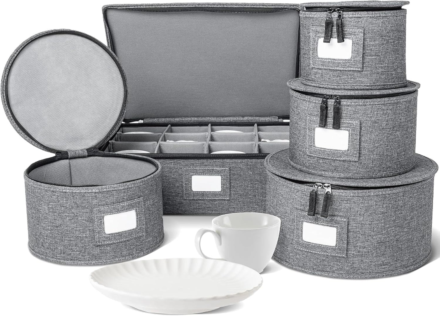 storageLAB China Storage Containers, Hard Shell Case with Felt Dividers for Charger Plates, and Dishes, Ideal for Kitchen Organization, Moving Supplies, and Fine China Storage - 5-Piece Set, Gray