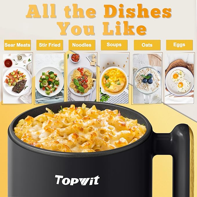 Topwit Hot Pot Electric with Steamer, 1.8L Ramen Cooker, Portable Electric Pot for Cooking, Multifunctional Cooker for Steak, Egg, Soup, Noodle with Power Adjustment, Dorm Room Essential, Black