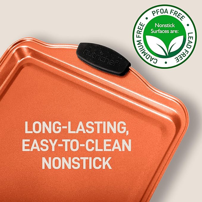 NutriChef 5-Piece Bakeware Set – Premium Non-Stick, Stackable Kitchen Baking Pans with Silicone Handles – Includes 3 Cookie Sheets, Baking Pan & Lid – Perfect for Cakes, Cookies & Brownies