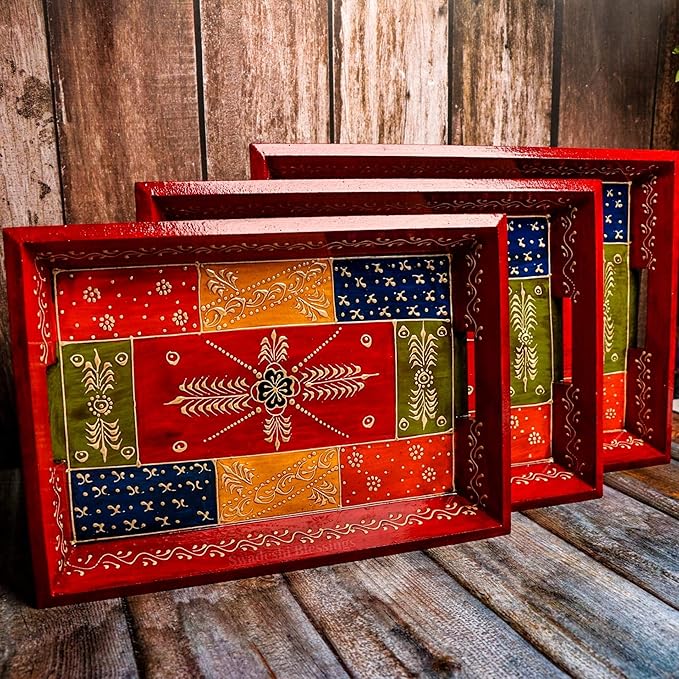 Swadeshi Blessings Handcrafted & Hand-Painted Embossed Wooden Serving Trays Set of 3- for Kitchen/Table & Home Decor/Dinning/Gifts/Restaurants/Living Room/Coffee Table (AntiqueRed)