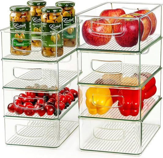 Hudgan 8 PACK Clear Stackable Storage Bins, Straight Sides Plastic Organizer Bins for Kitchen and Pantry Organization, 4 Large and 4 Medium Sizes Refrigerator Fridge Organizers and Storage