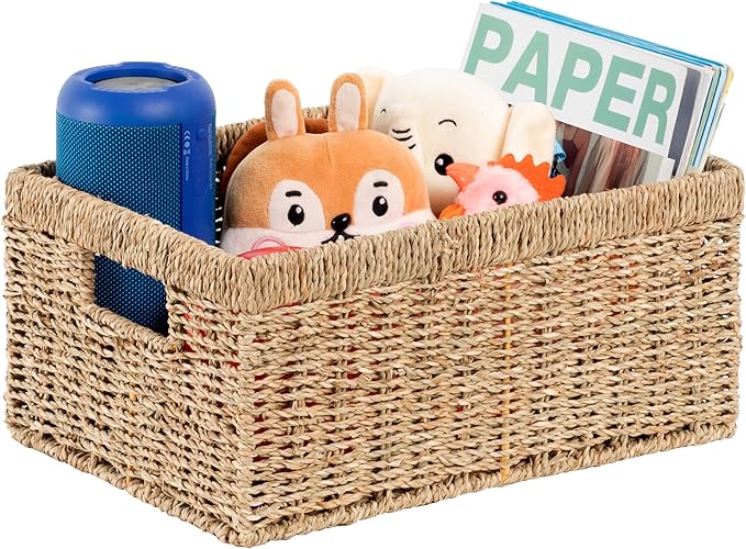 CENBOSS Wicker Baskets (Large, Seagrass, 1PC) Rattan Storage Baskets for Shelves, Woven Seagrass Holder