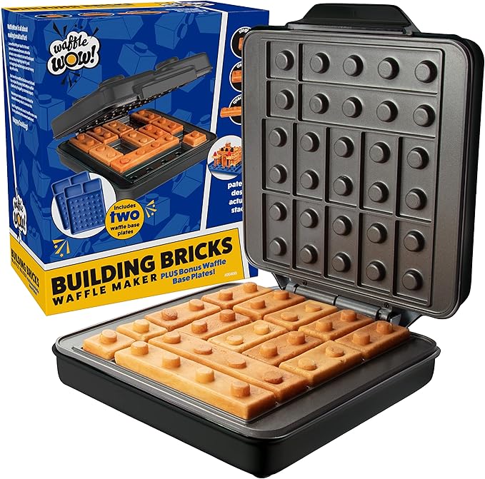 Building Brick Electric Waffle Maker- BLACK with 2 Construction Eating Plates- Cook Fun, Buildable Waffles or Pancakes in Minutes - Stack & Build Creations on Serving Dishes, Family Fun Activity Gift