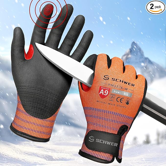 Schwer FreezeGuard-X Winter Work Gloves for Men and Women, ANSI A9 Cut Resistant Gloves for Extreme Protection, Freezer Glove With Super Grip, Non PFAS, Thermal Insulated, PM3326-W (L,2 Pairs)