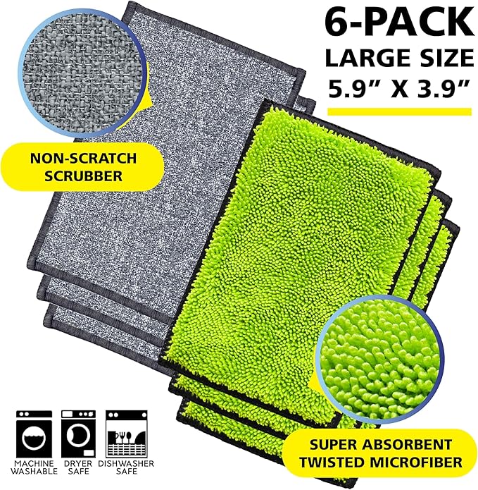 Fresh Tuff-Scrub, Large, 6-Pack Scrub-N-Wipe Sponge Cloth with Silvadur Antimicrobial for Odor Control, Microfiber, Multi-Surface, Non-Scratch, Dual-Sided, Machine Washable, Durable Kitchen Sponge