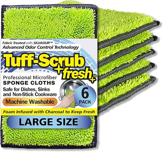 Fresh Tuff-Scrub, Large, 6-Pack Scrub-N-Wipe Sponge Cloth with Silvadur Antimicrobial for Odor Control, Microfiber, Multi-Surface, Non-Scratch, Dual-Sided, Machine Washable, Durable Kitchen Sponge