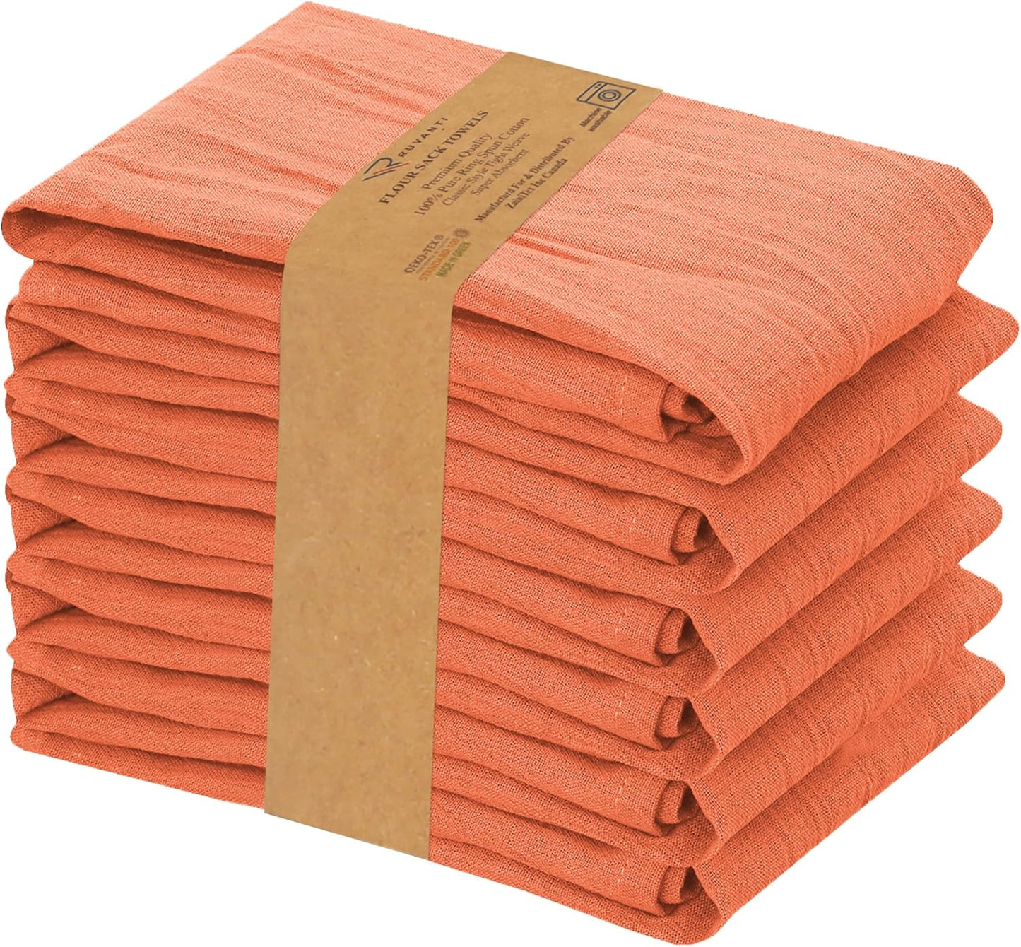 RUVANTI Flour Sack Towels 6 Pack 28x28 Inch, 100% Cotton Tea Towel, Reusable, Machine Washable, Absorbent BarTowels - Dish Cloth Perfect for Drying Dishes & Cleaning - Orange