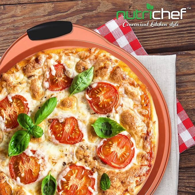 NutriChef 13-Inch Nonstick Pizza Tray - Round Carbon Steel Non-Stick Pizza Baking Pan with Perforated Holes, Premium Bakeware Pizza Screen with Silicone Grip Handles, Dishwasher Safe - Copper