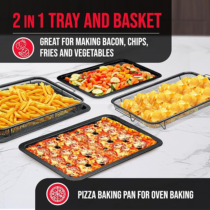 Crisper Tray Gray marble Coating - 2-Piece Set, Non-Stick Basket Design for Healthier Cooking in Regular Ovens - Make Great Crispy Food, Bacon and More, Extra Large Size 19" x 13"