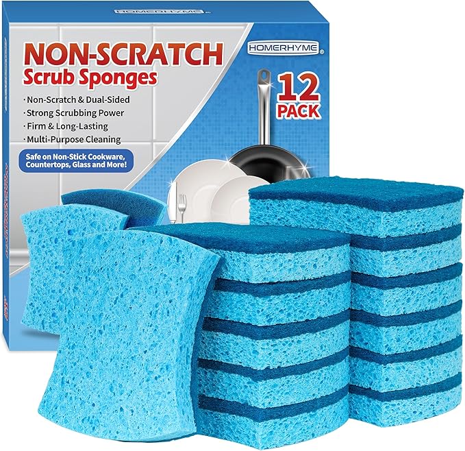 HOMERHYME Non-Scratch Cellulose Scrub Sponges 12 Pack, Sponges Kitchen with Double-Side & Ergonomic Design for Dishes, Coated Cookware, Sink & Countertops.