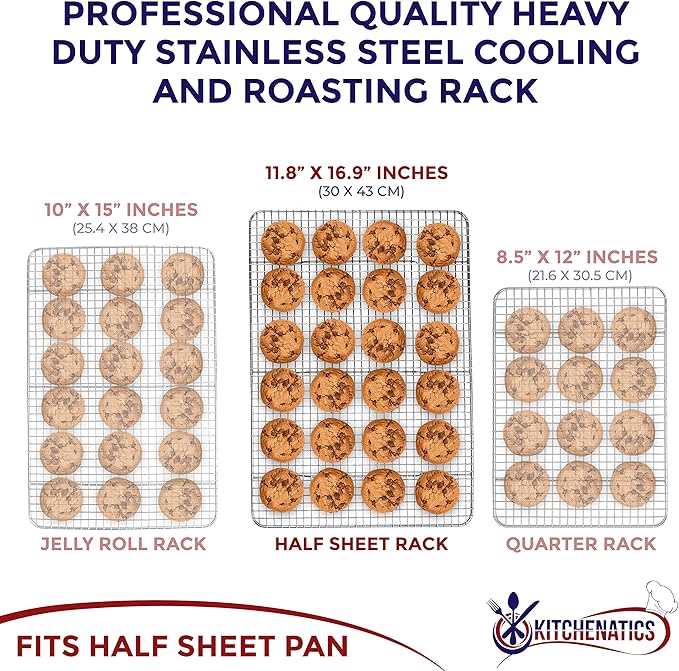 KITCHENATICS Heavy Duty Half Sheet Cooling Racks, Rust Resistant Stainless Steel Baking Racks, Wire Racks Fit Half Sheet Pan, Bacon Grill Rack for Oven, Cookie Cooling Racks 11.8" x 16.9" IN, Set of 2
