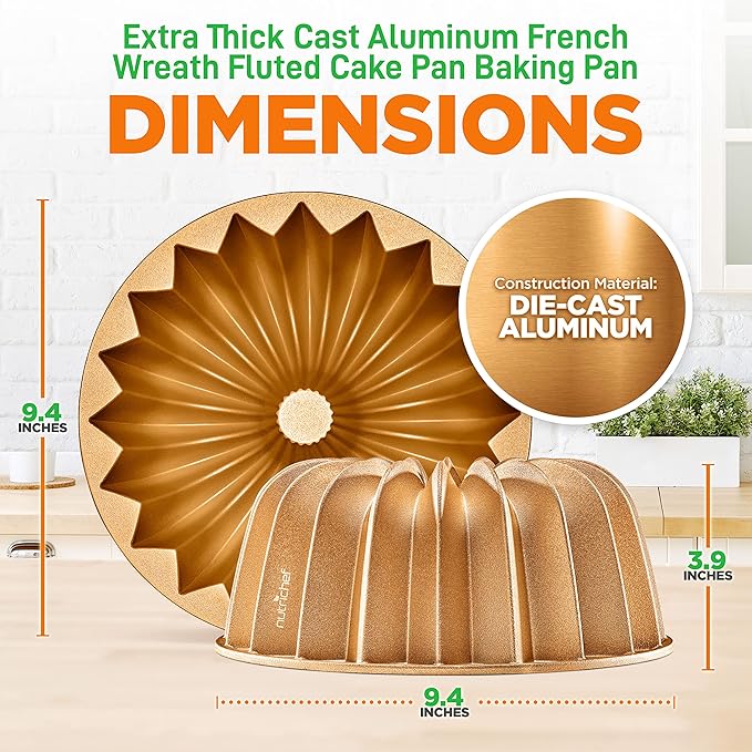 NutriChef 9-Inch Cake Pan - Thick and Heavy Cast Aluminum Bakeware Cake Mold with 2 Layers of Nonstick Coating - Fluted Lines Design for Uniform Baking Up To 500 Degrees - Easy to Clean, Gold
