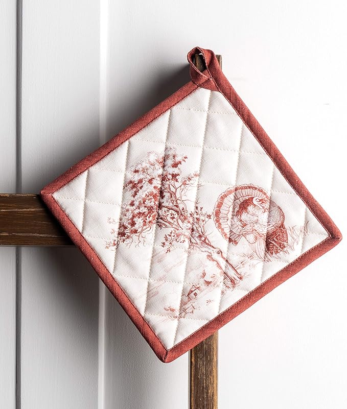 Maison d' Hermine Pot Holders Set 100% Cotton Heat Resistant Potholders 8" x 8" Hot Pads with Loop BBQ, Cooking, Baking, Grilling, Kitchen, Handling Hot Pans (Pack of 2, Holy Jouy - Red)