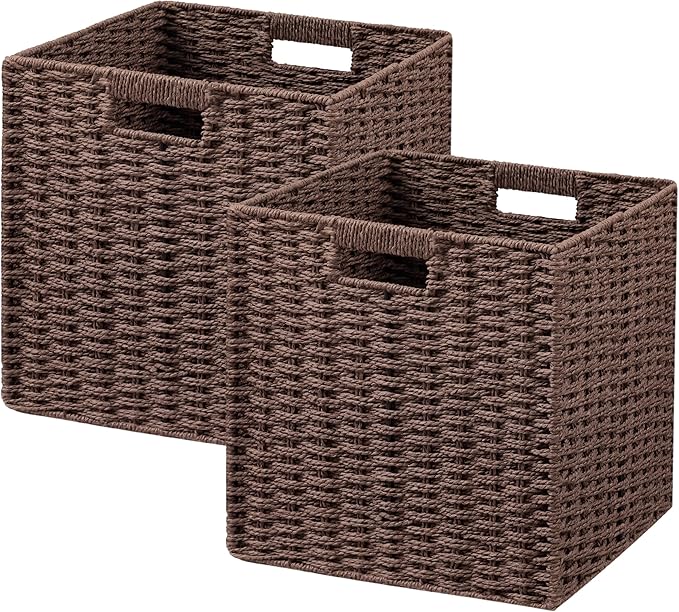 UBBCARE 2 Pack Wicker Basket, 11L×11H×10.5W inch Woven Paper Rope Storage Baskets for shelves, Foldable Cube Storage bin with Handle, Storage Basket for Organizing & Decor, Brown