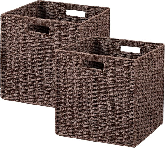 UBBCARE 2 Pack Wicker Basket, 11L×11H×10.5W inch Woven Paper Rope Storage Baskets for shelves, Foldable Cube Storage bin with Handle, Storage Basket for Organizing & Decor, Brown