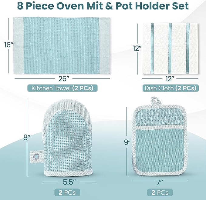 Casa Platino Oven Mitts and Pot Holders Sets, 8-Piece – 500°F Heat Resistant Mini Oven Mitts with Silicone Grip, Potholders for Kitchens, 2 Kitchen Towels & 2 Dish Cloths – Non-Slip & Durable – Aqua