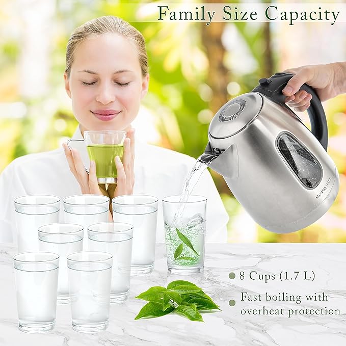 Mixpresso Stainless Steel Electric Kettle, Cordless Pot 1.7L Portable Electric Hot Water Kettle, 1500w Strong Fast Boiling Pot, Water Boiler, Electric Tea Kettle With Boil Dry Protection