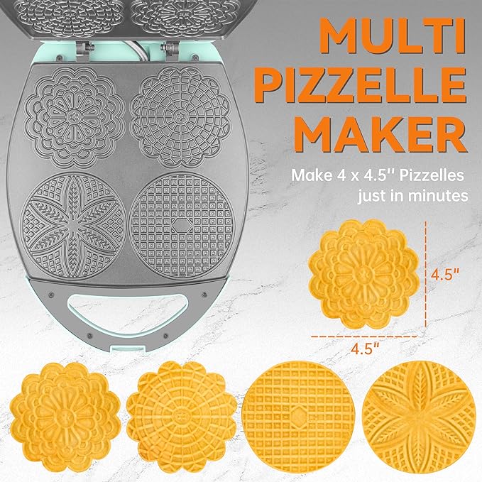 Baker's Friend Multi Pizzelle Maker Electric, Stroopwafel Iron, 4 x 4.5'' Pizzelle Waffle Cookies Maker with Temperature Control, Ideal for Holidays, Parties & More, Great Choice for Gift