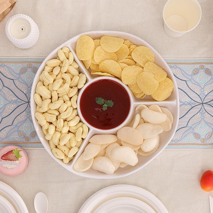 White Chip and Dip Serving Set, Divided Serving Platter Set, 4 Section Appetizers and Cheeses Serving Tray, Compartment Dishes for Party, Christmas, Dessert, Fruit, Candy, 13-inch, Set of 2