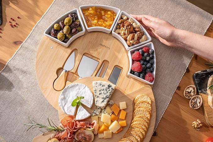 Charcuterie Cheese Board and Platter Set - Made from Bamboo Wood - US Patented 13 inch Cheese Cutting Board and Knife for Entertaining and Serving - 4 Knives - 4 Bowls