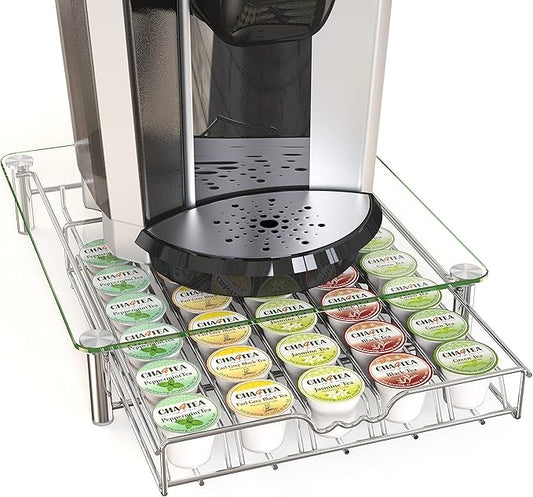 Deco Brothers Crystal Tempered Glass K-Cup Holder Drawer for 30 Coffee Pods Storage, Chrome