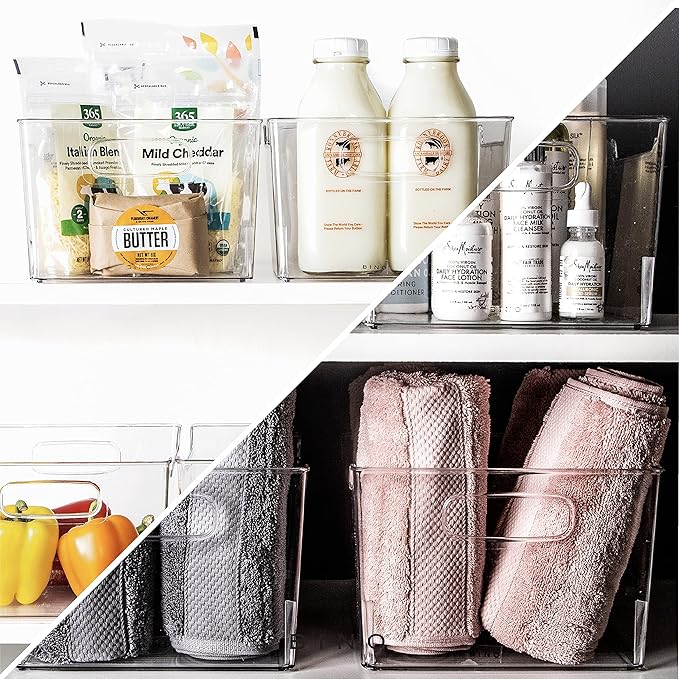 BINO | Plastic Storage Bins - 4 Pack | THE LODGE COLLECTION | Clear Storage | Containers for Organizing with Handles | Pantry Kitchen Organization | Fridge Organizer | Bathroom | Shelves Cabinet