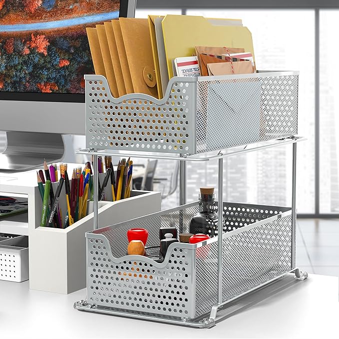 Simple Houseware 2 Tier Sliding Cabinet Basket Organizer Drawer, Silver