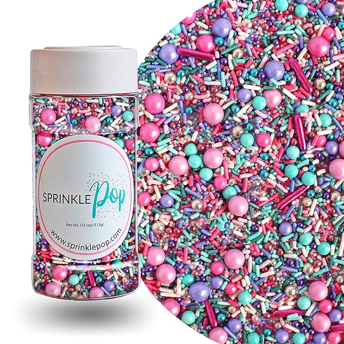 Sprinkle Pop Mermaid Glam Sprinkle Mix| Pink Aqua Fuchsia Lavender Purple Sprinkles with Silver Metallic Dragees| Decorating Sprinkles Made in USA for Girl Birthday Cupcakes Donuts Cakes Cookies, 4oz