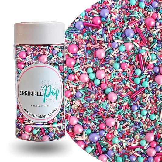 Sprinkle Pop Mermaid Glam Sprinkle Mix| Pink Aqua Fuchsia Lavender Purple Sprinkles with Silver Metallic Dragees| Decorating Sprinkles Made in USA for Girl Birthday Cupcakes Donuts Cakes Cookies, 4oz