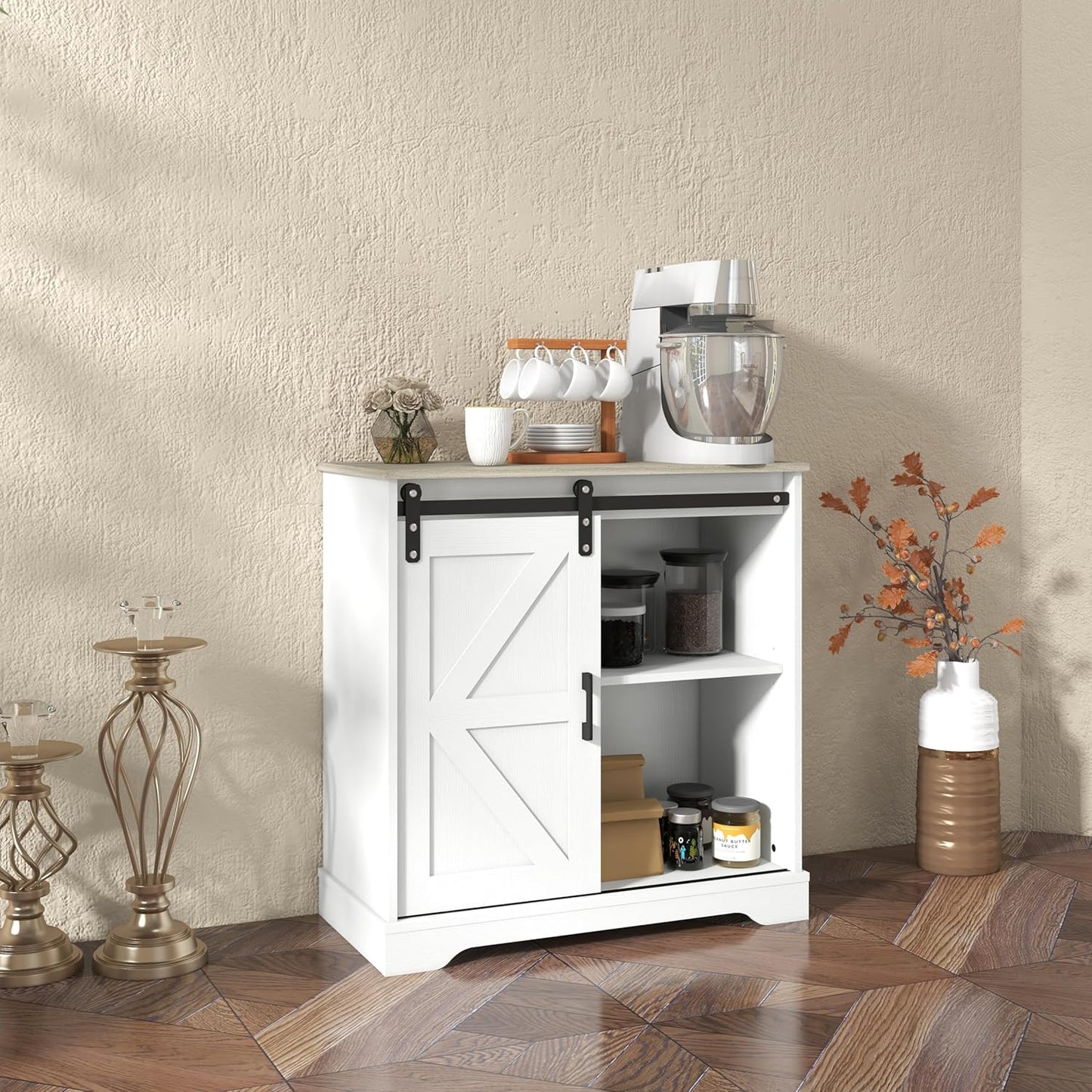 Panana Sliding Barn Door Buffet Sideboard Storage Cabinet Coffee Bar Kitchen Farmhouse Style (White Cabinet Nature Top)