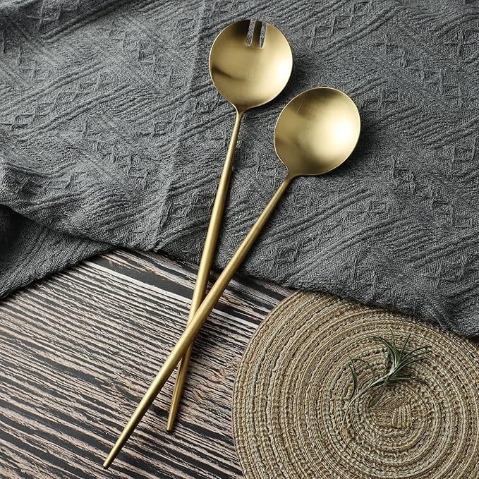 Salad Servers,Spoon and Fork Set 11.41 inch,18/10 Stainless Steel Salad Serving Titanium Plating (black gold)