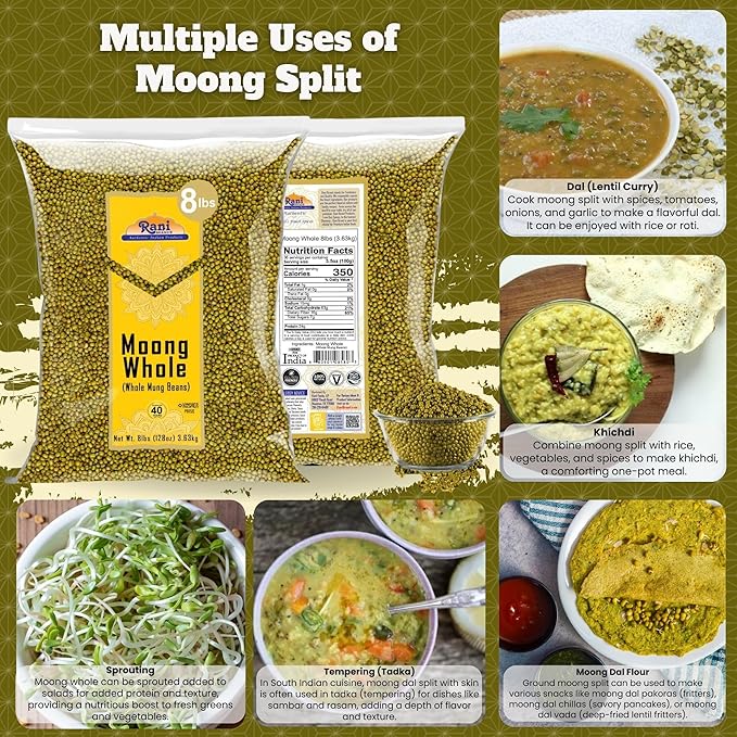 Rani Moong Whole (Ideal for cooking & sprouting, Whole Mung Beans with skin) Lentils Indian 128oz (8lbs) 3.63kg Bulk ~ All Natural | Gluten Friendly | Non-GMO | Kosher | Vegan | Indian Origin