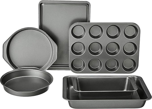 Amazon Basics 6 Piece Nonstick, Carbon Steel Oven Safe Bakeware Set with Cake, Muffin, Cookie, and Loaf Pans, 6 Piece, 16.25 x 11.75 x 6.25 inches