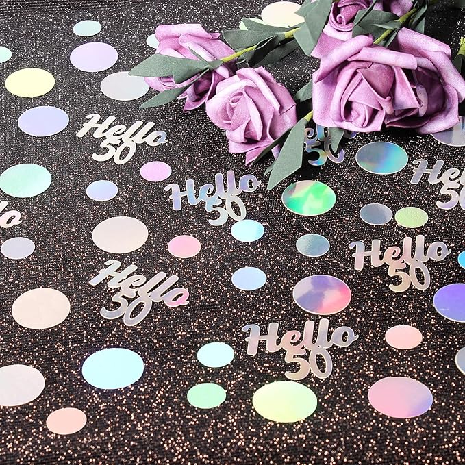 Hello 50 Birthday Confetti for Table Iridescent Circle Happy 50th Birthday Party Decorations for Women Fifty Years Old Birthday Tables Scatter Party Confetti Wedding Anniversary Decor 300PC