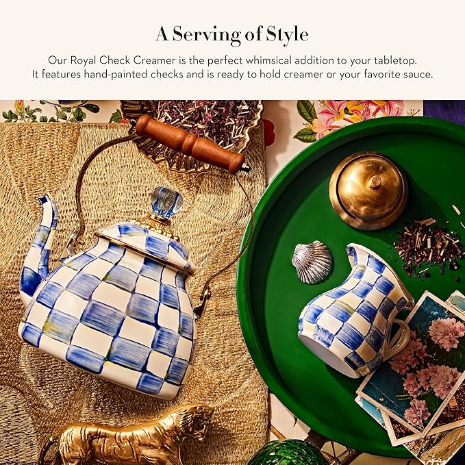 MACKENZIE-CHILDS Enamel Creamer, Creamer Dispenser with Pour Spout, Kitchen Enamelware, 14-Ounce Capacity, Blue-and-White Royal Check