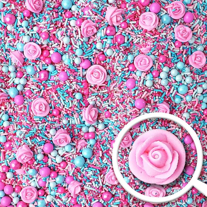 Sprinkle Pop Briar Rose Princess Sprinkle Mix| Pink and Blue Sprinkles with ~6 Hand Piped Royal Icing Roses| Birthday Sprinkles Made in USA for Decorating Cake Cupcakes Donuts Cookies Ice Cream, 2oz