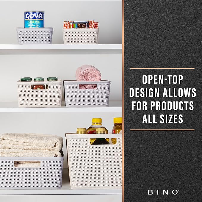 BINO | Woven Plastic Basket | Small (Natural Grey), 4-Pack | THE JUTE COLLECTION | Home Organization, Space - Saving Storage, Stylish Design | Jute Basket | Plastic Storage Basket