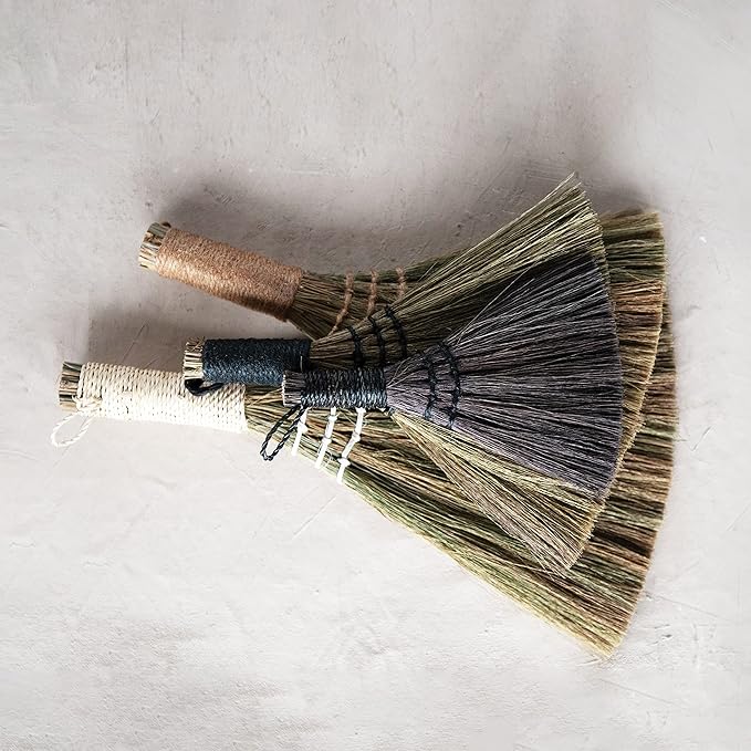 Creative Co-Op Whisk Brooms with Yarn Wrapped Handles, Multi Color Neutrals, Set of 4