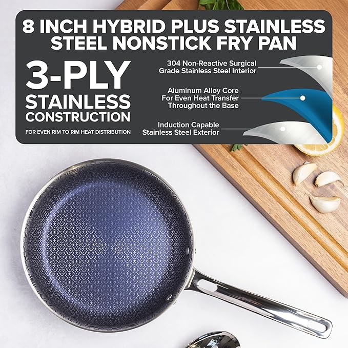 Viking 3-Ply Non Stick Frying Pan, 8 Inch Hybrid Plus Stainless Steel Kitchen Cookware, Silver