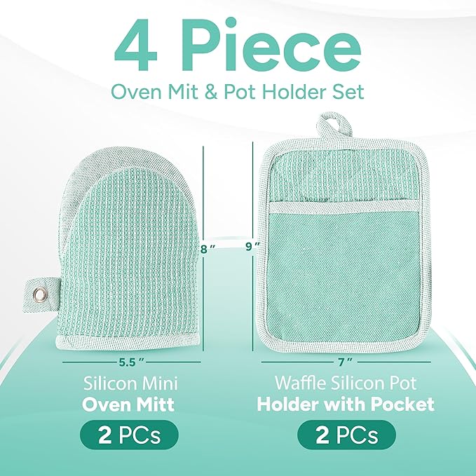 Casa Platino Heat Resistant Oven Mitts & Pot Holders, 4-Piece – Oven Mitt for Baking & BBQ, Potholders for Kitchens – Withstands Heat Up to 500°F, Soft, Durable & Non-Slip – Sage