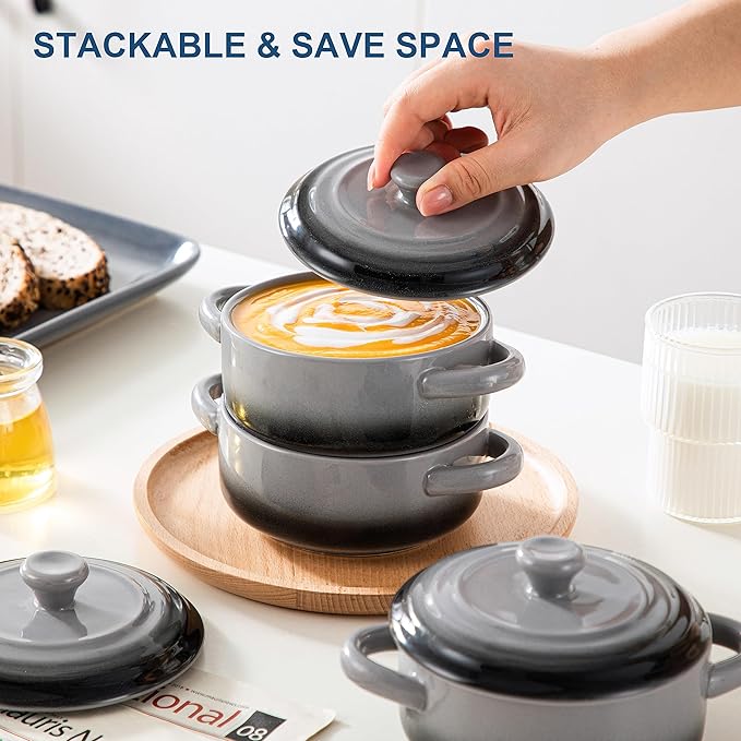 LOVECASA Mini Cocotte with Lid,12 OZ Small Casserole Dish for Oven,Mini Casserole Dish,Individual Ramekins with Lids,Oven, Microwave & Dishwasher Safe,Set of 4