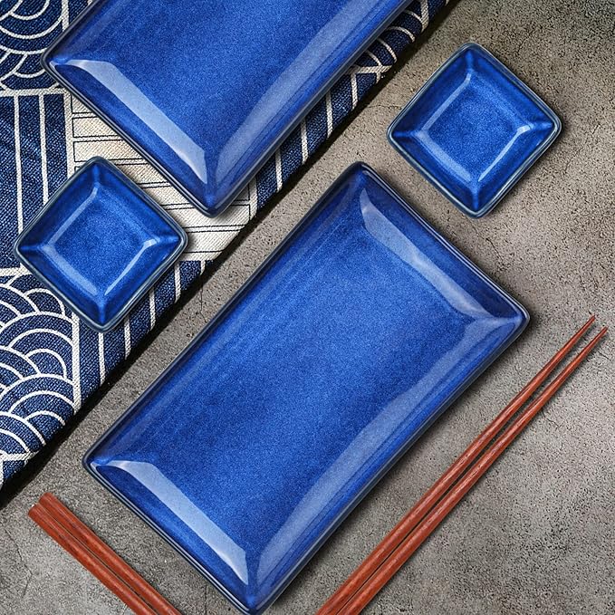 Ceramic Sushi Serving Tray Sets 2, 6 Pieces Japanese Style Porcelain Sushi Plate Set with Soy Sauce Dishes, Bamboo Chopsticks Housewarming Gift, Blue