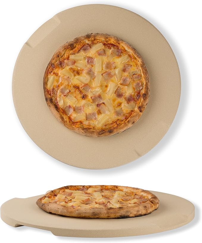 Pizza Stone, 15" Round Pizza Stone for Oven Grill BBQ, Cordierite Baking Stone for Pizza Bread Pie, Unique Built-in 4 Handles Cooking Stone