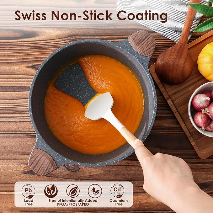 SENSARTE Nonstick Stock Pot with Lid, 4.5 Quart Induction Cooking Pot with Tempered Glass Lid, Stew Pot with Swiss Nonstick Granite Coating, PFOA PFOS APEO Free, Gray