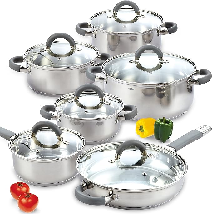 Cook N Home Kitchen Cookware Set, 12-Piece Basics Stainless Steel Pots and Pans Set with Grey Silicone Handle, Silver